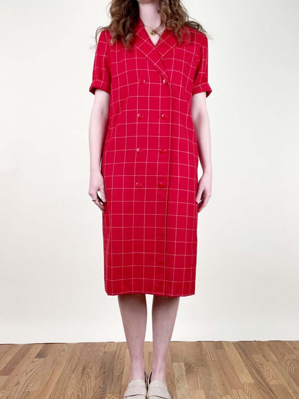 Vintage 90s French Midi Dress Double Breasted Plaid Check Print Office Work Wear - Picture 2 of 10